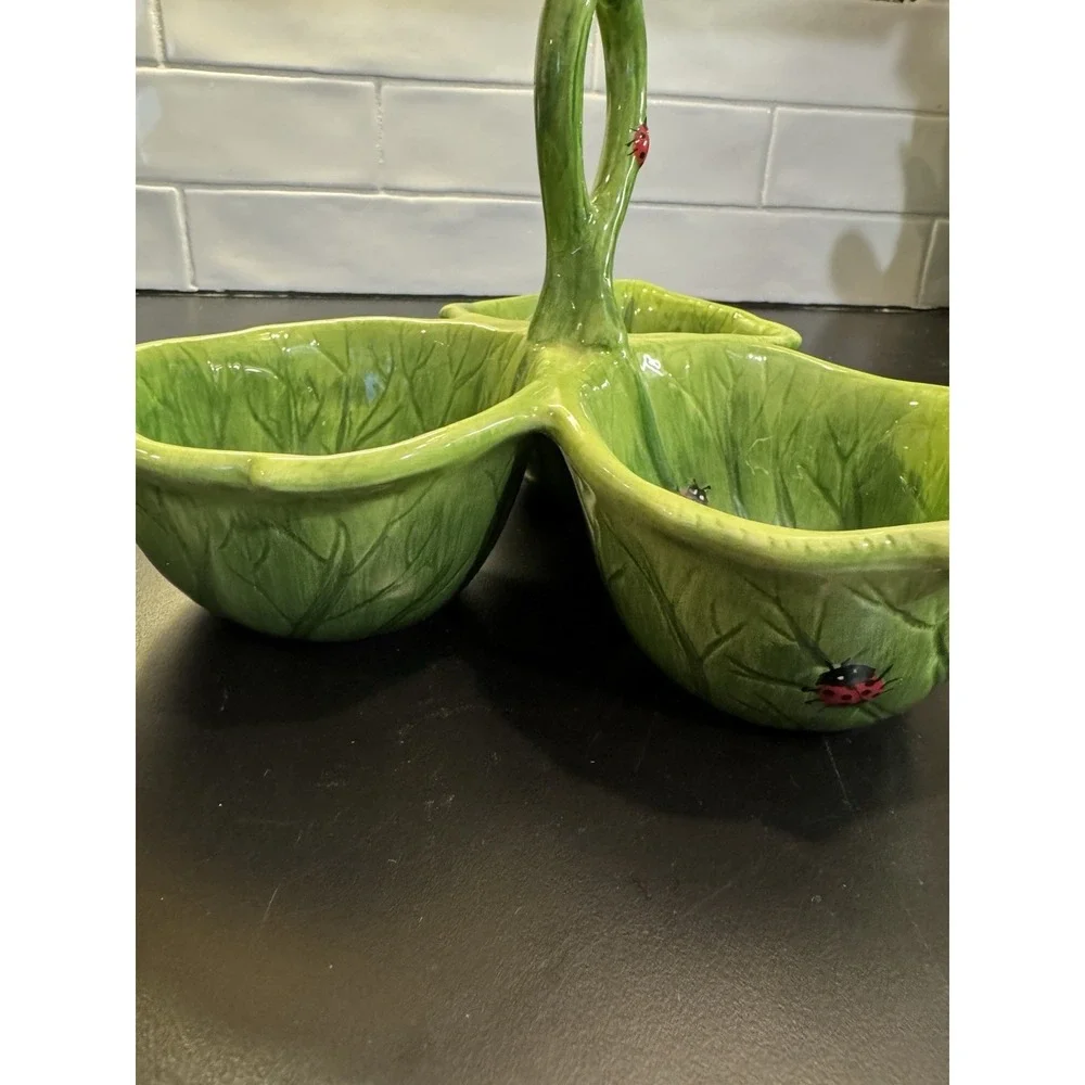 PIER 1 Imports LADYBUG 3 Section Green Leaf Condiment Dip Bowl Serving Handle